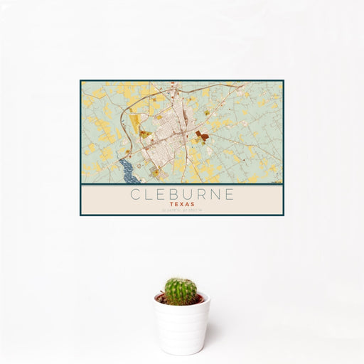 12x18 Cleburne Texas Map Print Landscape Orientation in Woodblock Style With Small Cactus Plant in White Planter