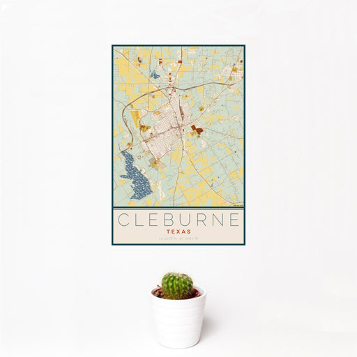 12x18 Cleburne Texas Map Print Portrait Orientation in Woodblock Style With Small Cactus Plant in White Planter