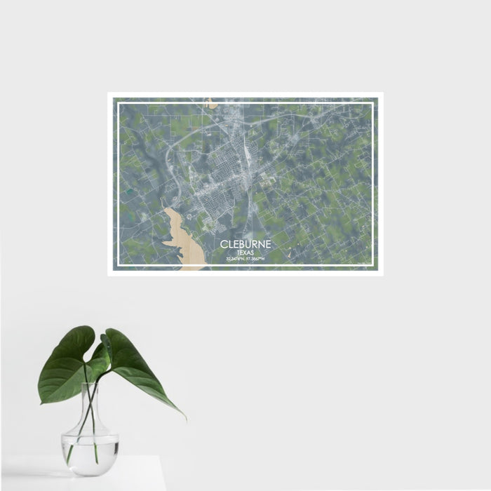 16x24 Cleburne Texas Map Print Landscape Orientation in Afternoon Style With Tropical Plant Leaves in Water