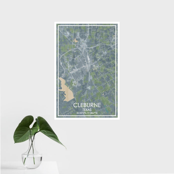 16x24 Cleburne Texas Map Print Portrait Orientation in Afternoon Style With Tropical Plant Leaves in Water