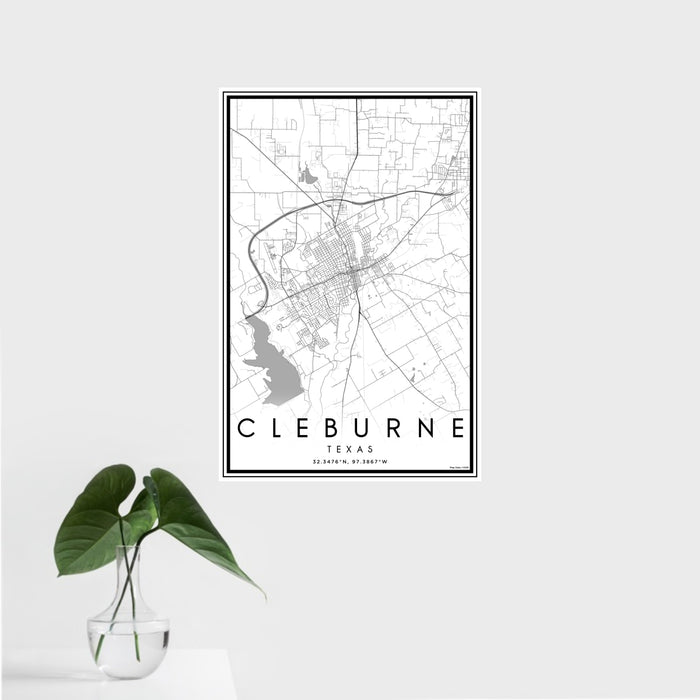 16x24 Cleburne Texas Map Print Portrait Orientation in Classic Style With Tropical Plant Leaves in Water