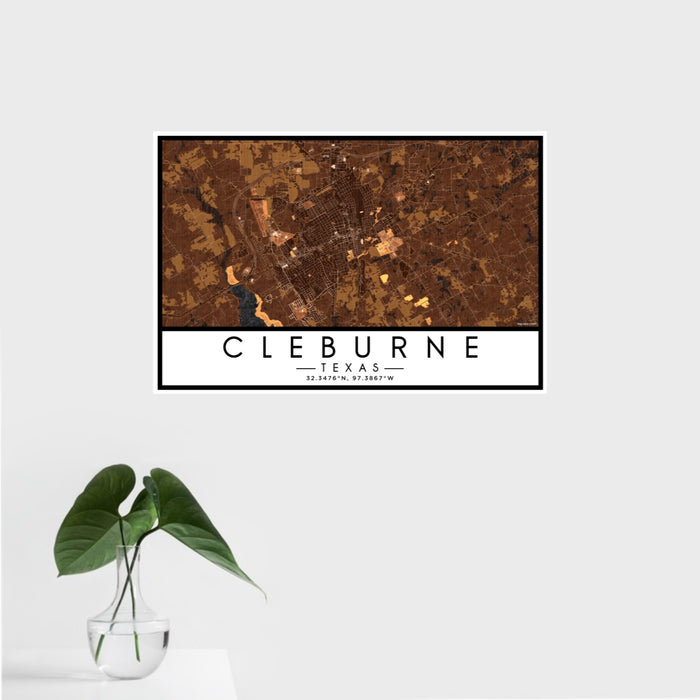 16x24 Cleburne Texas Map Print Landscape Orientation in Ember Style With Tropical Plant Leaves in Water