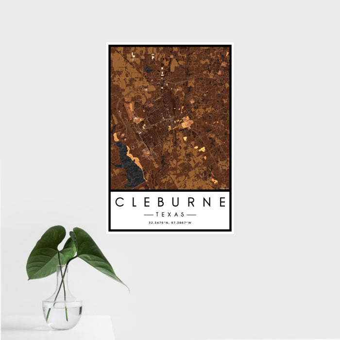 16x24 Cleburne Texas Map Print Portrait Orientation in Ember Style With Tropical Plant Leaves in Water