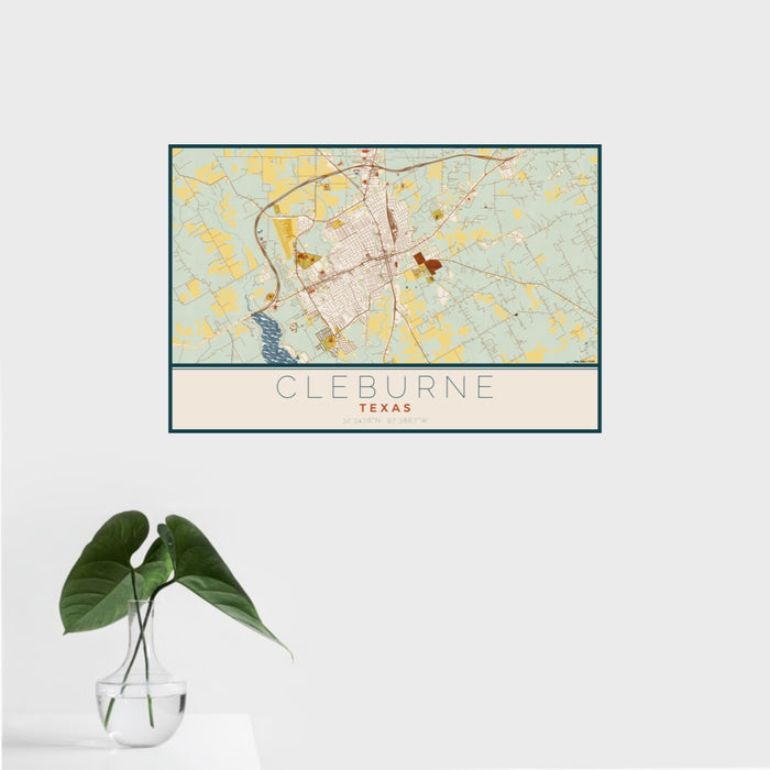 16x24 Cleburne Texas Map Print Landscape Orientation in Woodblock Style With Tropical Plant Leaves in Water