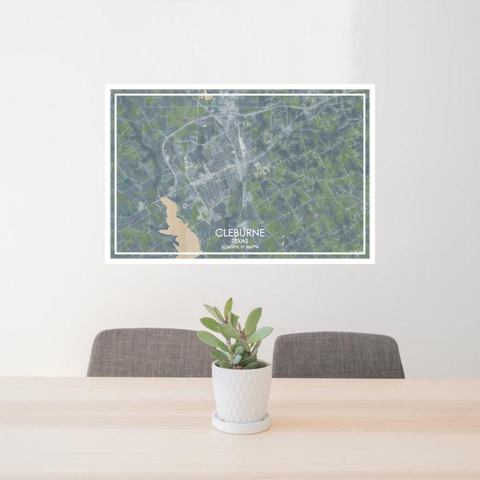24x36 Cleburne Texas Map Print Lanscape Orientation in Afternoon Style Behind 2 Chairs Table and Potted Plant