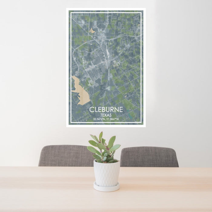 24x36 Cleburne Texas Map Print Portrait Orientation in Afternoon Style Behind 2 Chairs Table and Potted Plant