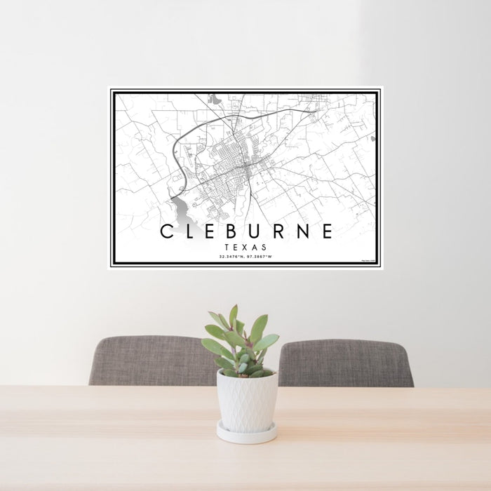 24x36 Cleburne Texas Map Print Lanscape Orientation in Classic Style Behind 2 Chairs Table and Potted Plant