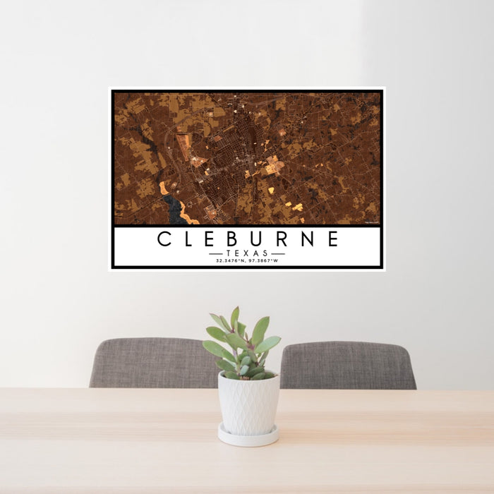 24x36 Cleburne Texas Map Print Lanscape Orientation in Ember Style Behind 2 Chairs Table and Potted Plant