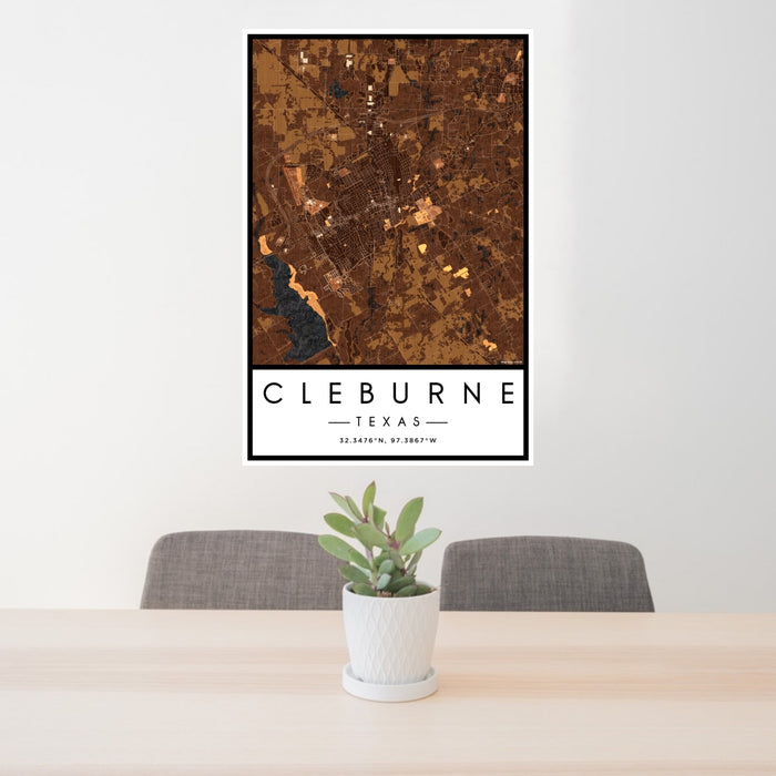 24x36 Cleburne Texas Map Print Portrait Orientation in Ember Style Behind 2 Chairs Table and Potted Plant