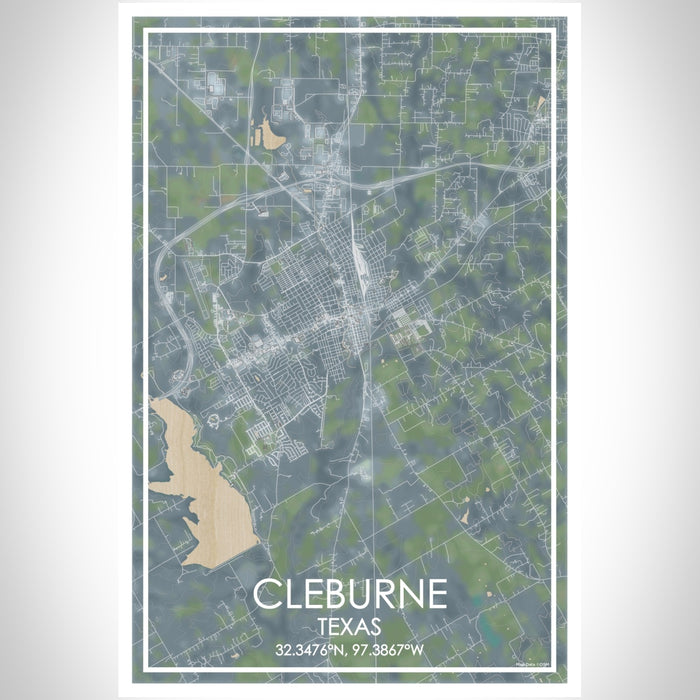Cleburne Texas Map Print Portrait Orientation in Afternoon Style With Shaded Background