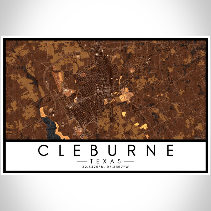 Cleburne Texas Map Print Landscape Orientation in Ember Style With Shaded Background