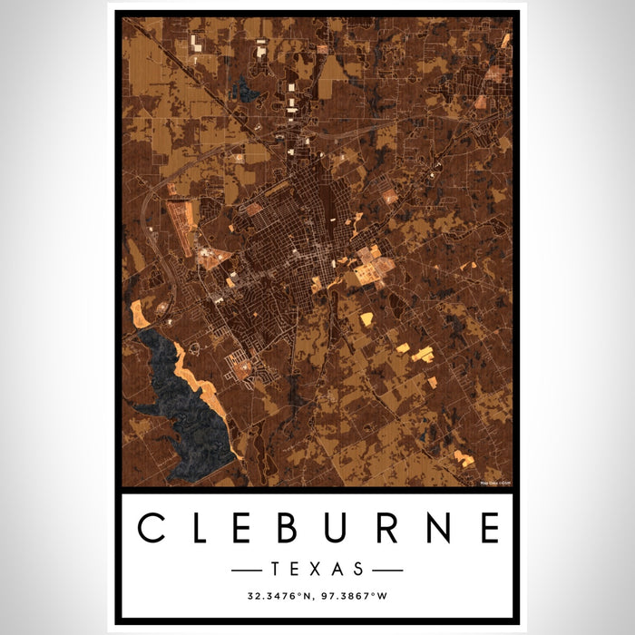 Cleburne Texas Map Print Portrait Orientation in Ember Style With Shaded Background