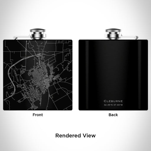 Rendered View of Cleburne Texas Map Engraving on 6oz Stainless Steel Flask in Black