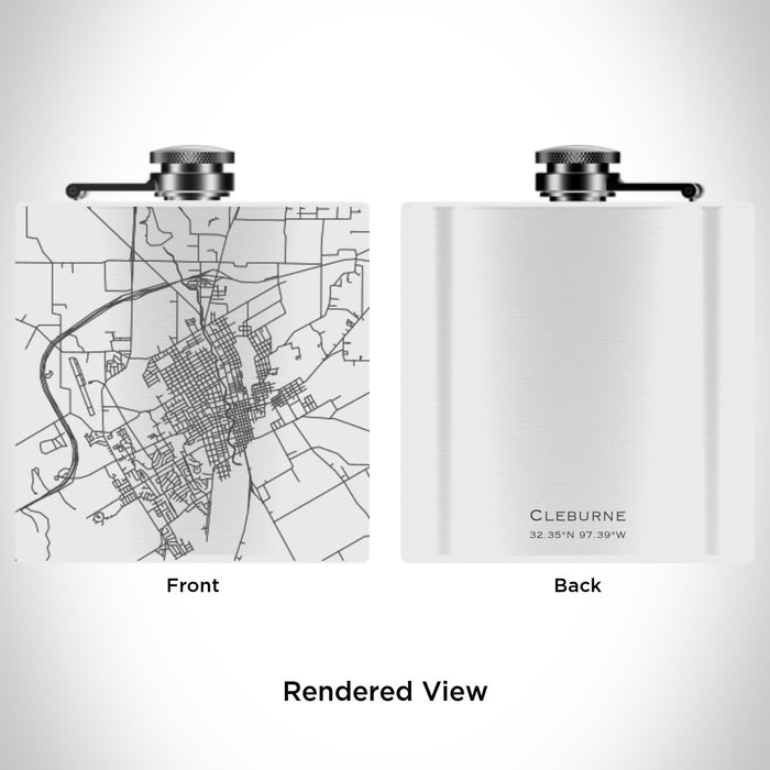 Rendered View of Cleburne Texas Map Engraving on 6oz Stainless Steel Flask in White