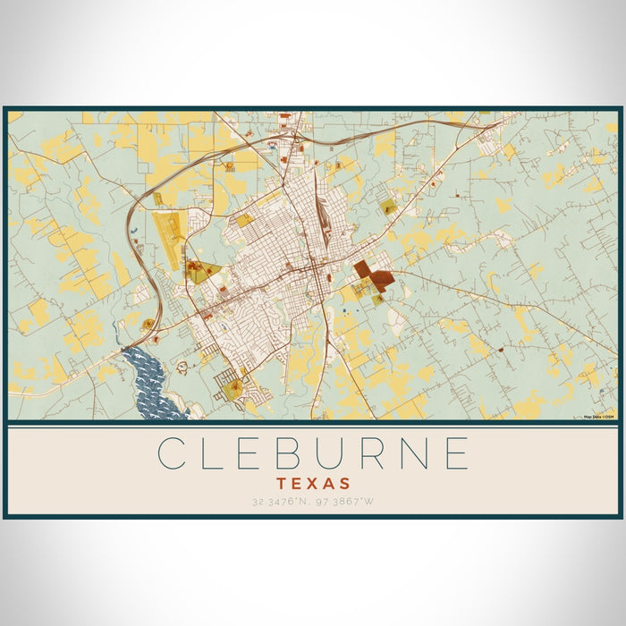 Cleburne Texas Map Print Landscape Orientation in Woodblock Style With Shaded Background