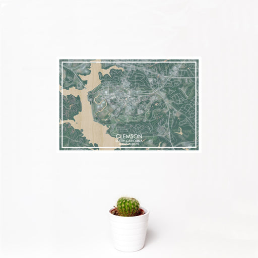 12x18 Clemson South Carolina Map Print Landscape Orientation in Afternoon Style With Small Cactus Plant in White Planter