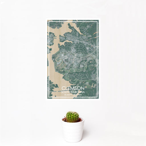 12x18 Clemson South Carolina Map Print Portrait Orientation in Afternoon Style With Small Cactus Plant in White Planter