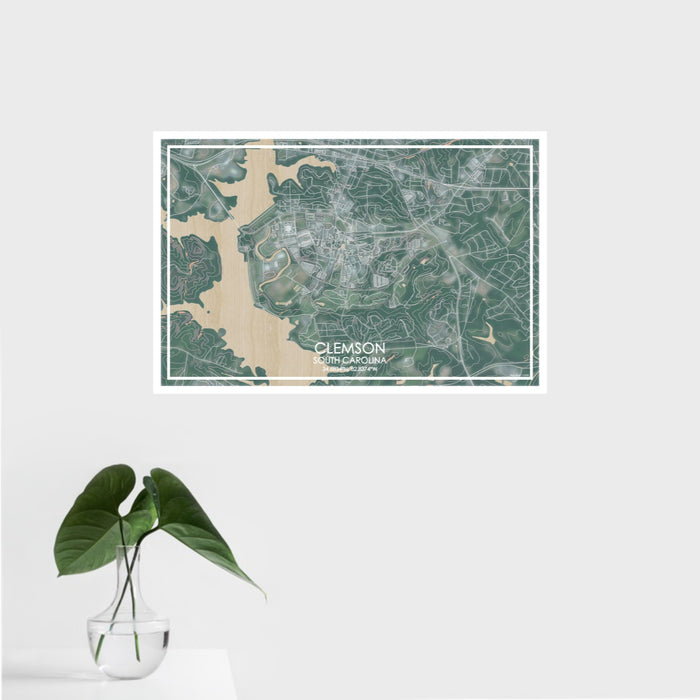 16x24 Clemson South Carolina Map Print Landscape Orientation in Afternoon Style With Tropical Plant Leaves in Water