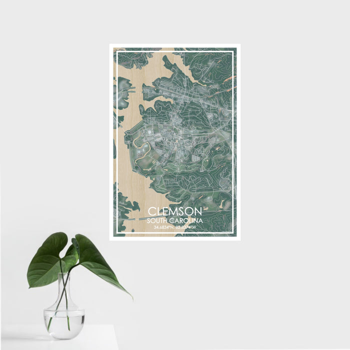 16x24 Clemson South Carolina Map Print Portrait Orientation in Afternoon Style With Tropical Plant Leaves in Water