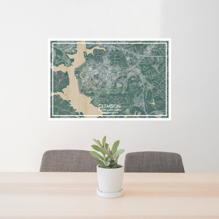 24x36 Clemson South Carolina Map Print Lanscape Orientation in Afternoon Style Behind 2 Chairs Table and Potted Plant