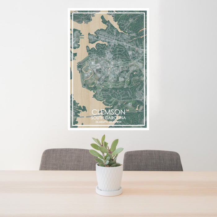 24x36 Clemson South Carolina Map Print Portrait Orientation in Afternoon Style Behind 2 Chairs Table and Potted Plant