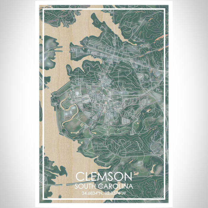 Clemson South Carolina Map Print Portrait Orientation in Afternoon Style With Shaded Background