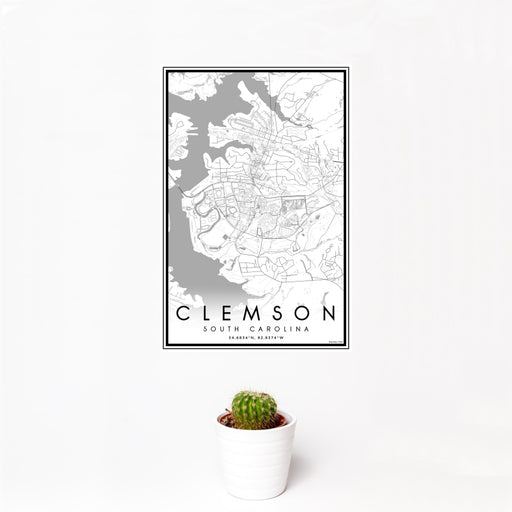 12x18 Clemson South Carolina Map Print Portrait Orientation in Classic Style With Small Cactus Plant in White Planter