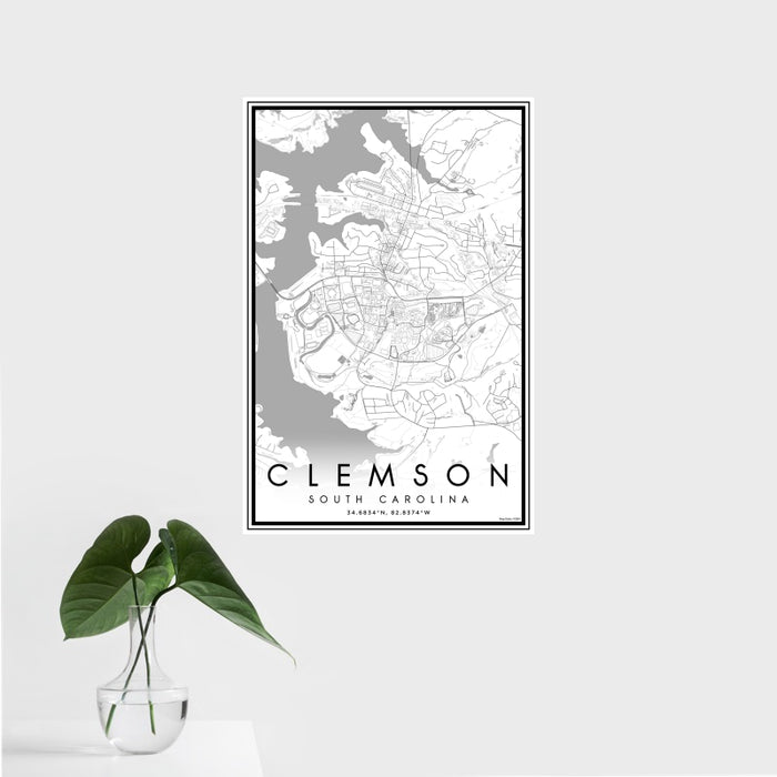 16x24 Clemson South Carolina Map Print Portrait Orientation in Classic Style With Tropical Plant Leaves in Water