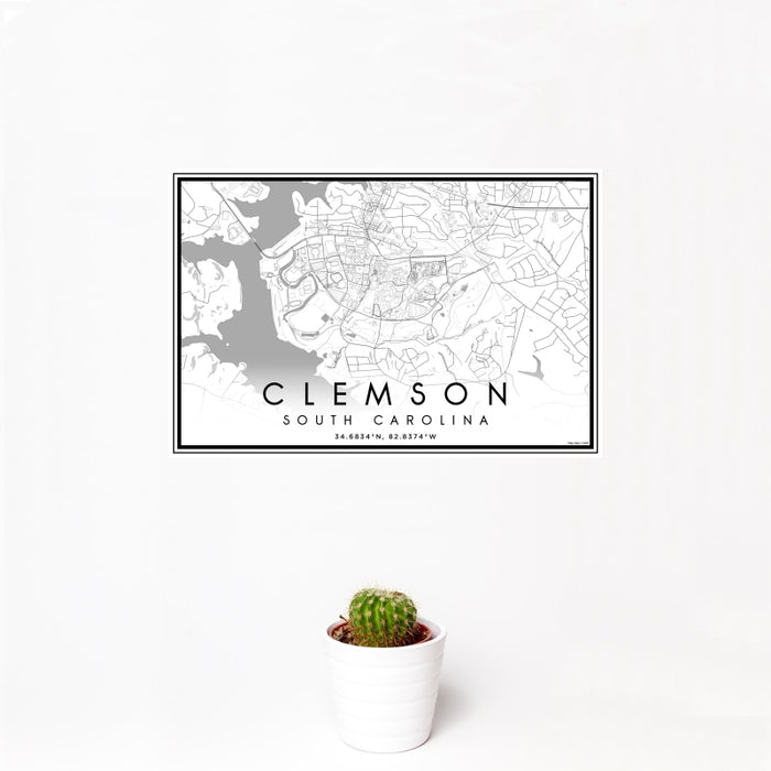 12x18 Clemson South Carolina Map Print Landscape Orientation in Classic Style With Small Cactus Plant in White Planter