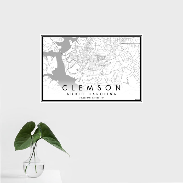 16x24 Clemson South Carolina Map Print Landscape Orientation in Classic Style With Tropical Plant Leaves in Water