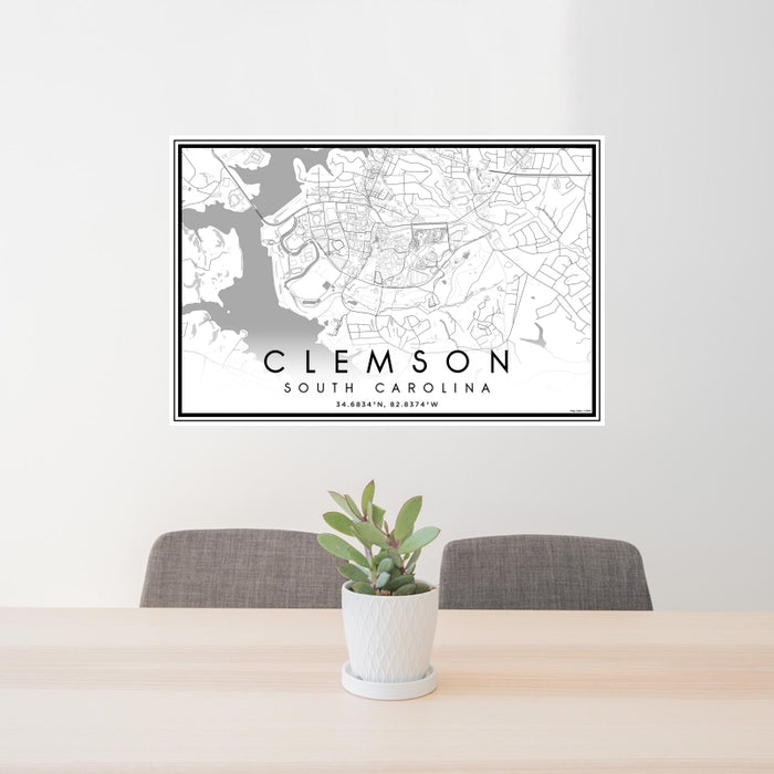 24x36 Clemson South Carolina Map Print Landscape Orientation in Classic Style Behind 2 Chairs Table and Potted Plant