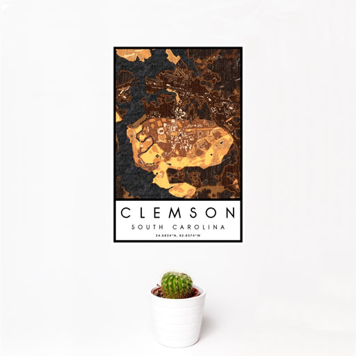 12x18 Clemson South Carolina Map Print Portrait Orientation in Ember Style With Small Cactus Plant in White Planter