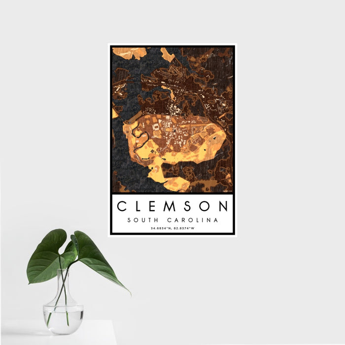 16x24 Clemson South Carolina Map Print Portrait Orientation in Ember Style With Tropical Plant Leaves in Water