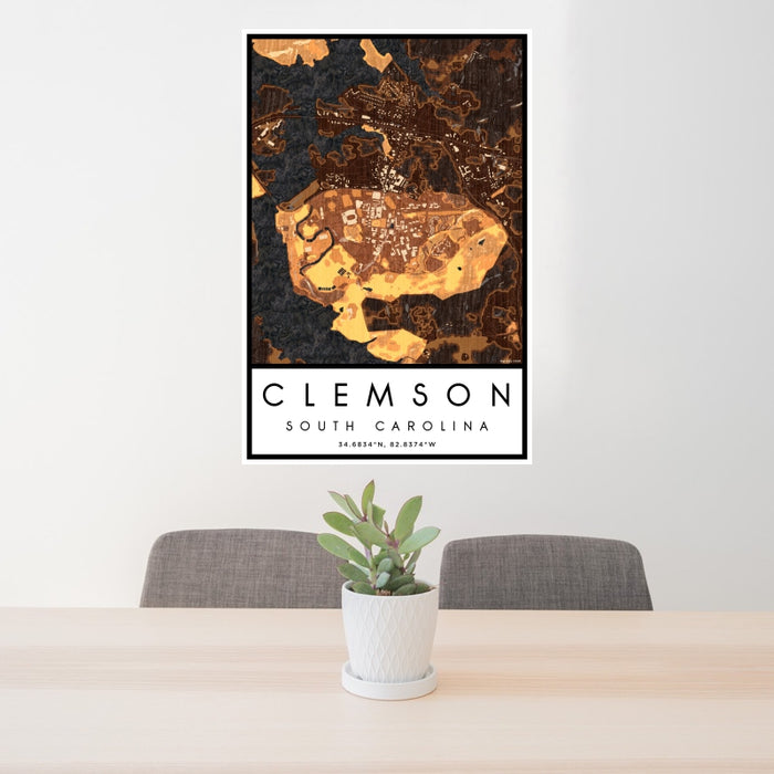 24x36 Clemson South Carolina Map Print Portrait Orientation in Ember Style Behind 2 Chairs Table and Potted Plant