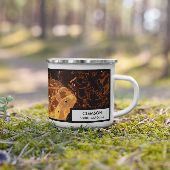 Right View Custom Clemson South Carolina Map Enamel Mug in Ember on Grass With Trees in Background