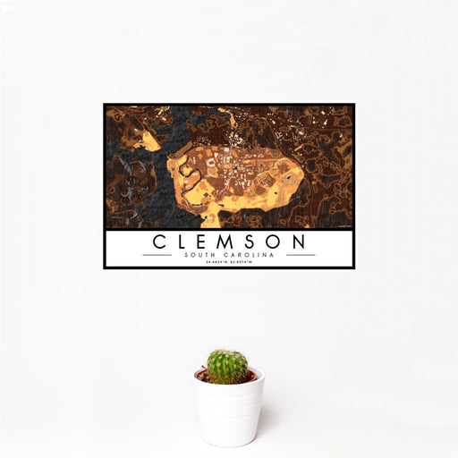 12x18 Clemson South Carolina Map Print Landscape Orientation in Ember Style With Small Cactus Plant in White Planter