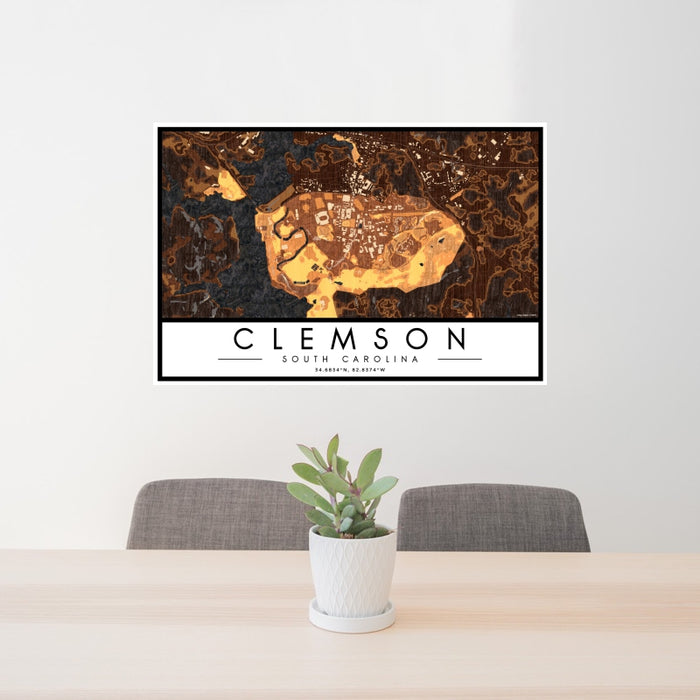 24x36 Clemson South Carolina Map Print Landscape Orientation in Ember Style Behind 2 Chairs Table and Potted Plant