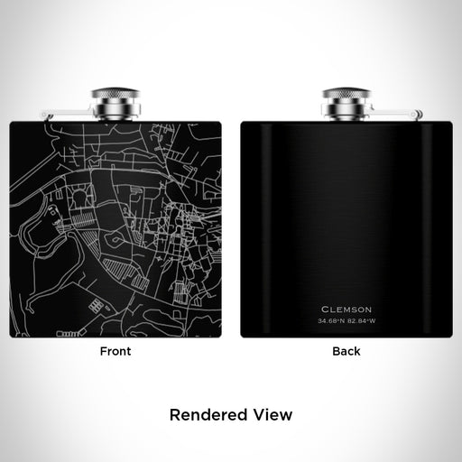 Rendered View of Clemson South Carolina Map Engraving on 6oz Stainless Steel Flask in Black