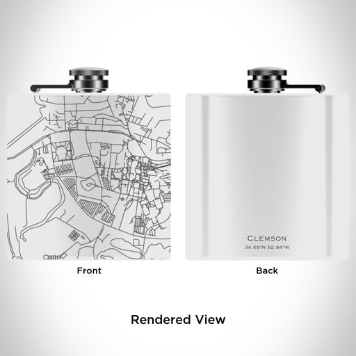 Rendered View of Clemson South Carolina Map Engraving on 6oz Stainless Steel Flask in White