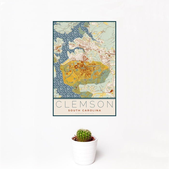 12x18 Clemson South Carolina Map Print Portrait Orientation in Woodblock Style With Small Cactus Plant in White Planter