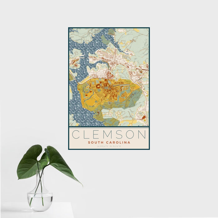 16x24 Clemson South Carolina Map Print Portrait Orientation in Woodblock Style With Tropical Plant Leaves in Water