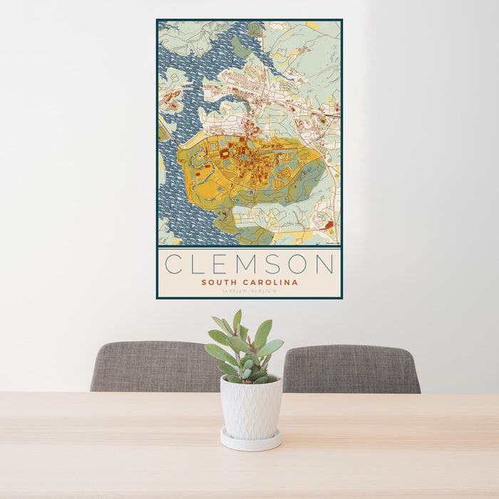 24x36 Clemson South Carolina Map Print Portrait Orientation in Woodblock Style Behind 2 Chairs Table and Potted Plant