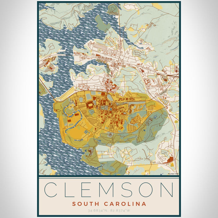 Clemson South Carolina Map Print Portrait Orientation in Woodblock Style With Shaded Background