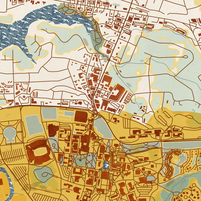 Clemson South Carolina Map Print in Woodblock Style Zoomed In Close Up Showing Details
