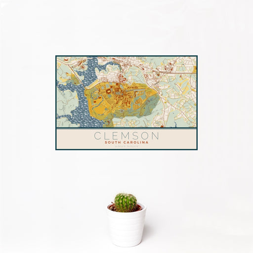 12x18 Clemson South Carolina Map Print Landscape Orientation in Woodblock Style With Small Cactus Plant in White Planter