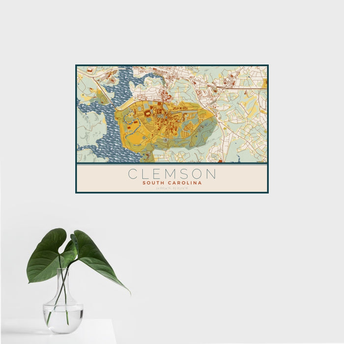 16x24 Clemson South Carolina Map Print Landscape Orientation in Woodblock Style With Tropical Plant Leaves in Water