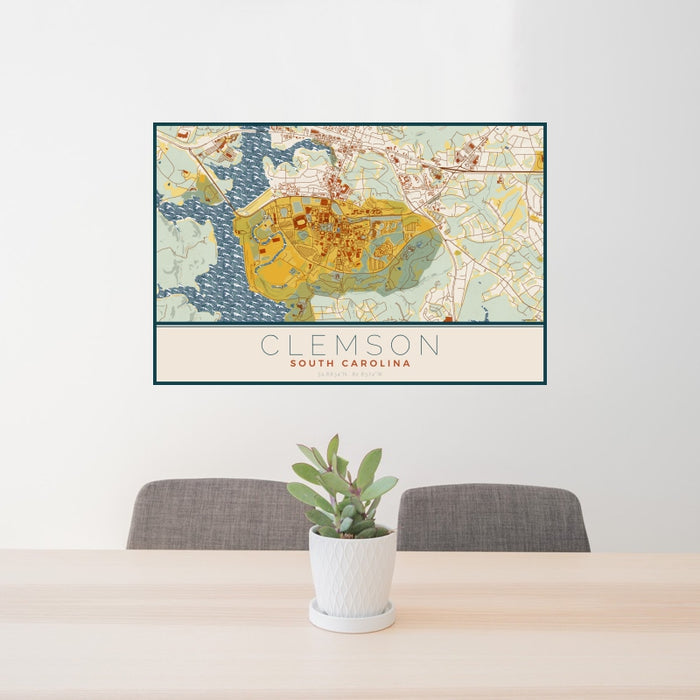 24x36 Clemson South Carolina Map Print Landscape Orientation in Woodblock Style Behind 2 Chairs Table and Potted Plant