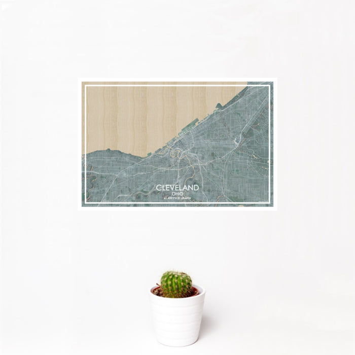 12x18 Cleveland Ohio Map Print Landscape Orientation in Afternoon Style With Small Cactus Plant in White Planter