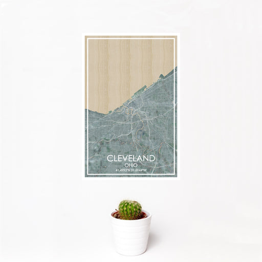12x18 Cleveland Ohio Map Print Portrait Orientation in Afternoon Style With Small Cactus Plant in White Planter