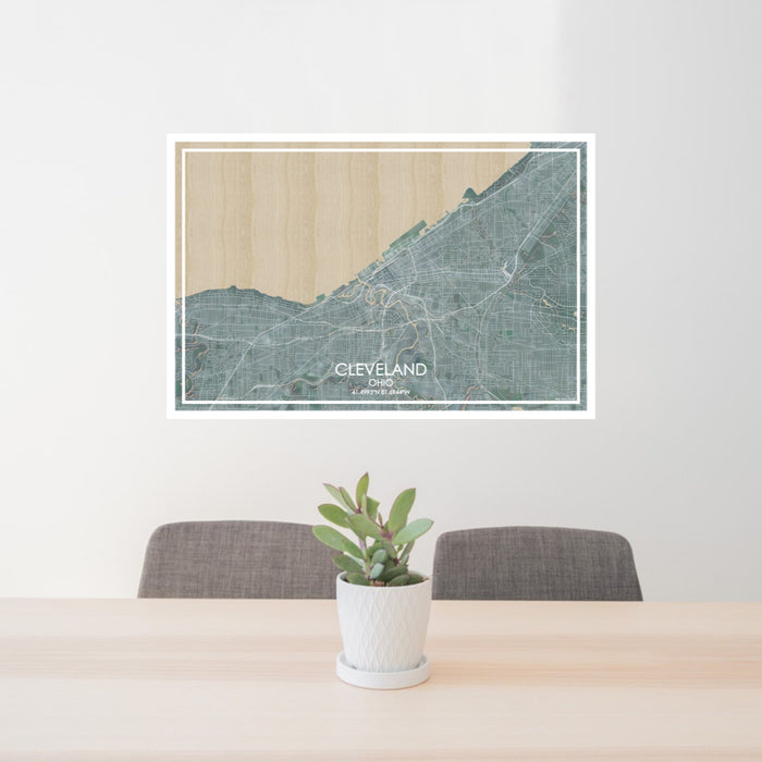 24x36 Cleveland Ohio Map Print Lanscape Orientation in Afternoon Style Behind 2 Chairs Table and Potted Plant